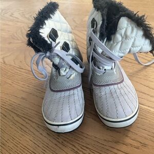 Sorel Kids Light Gray Quilted Lace-Up Winter Boots with Black Faux Fur